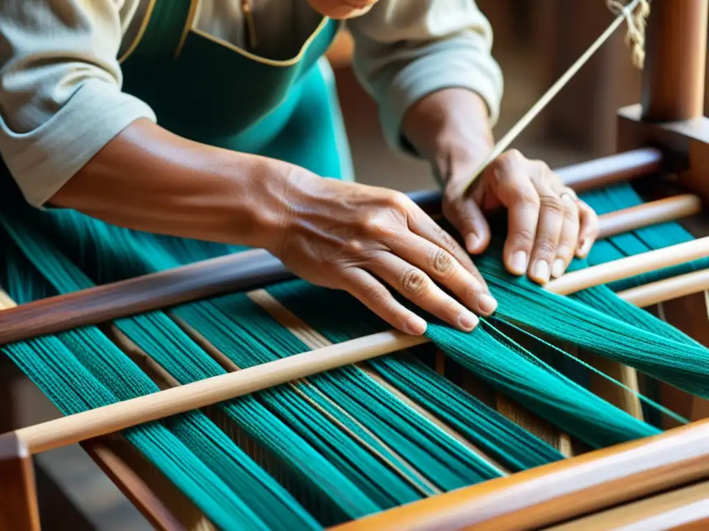 Las manos expertas de un artesano tejiendo en un telar de madera, revive tradiciones en taller textil