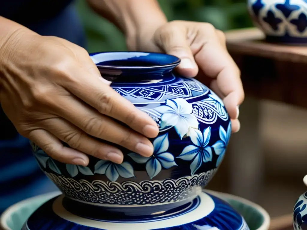 Las manos expertas de un artista pintan delicados patrones florales azules en un jarrón de cerámica de Talavera