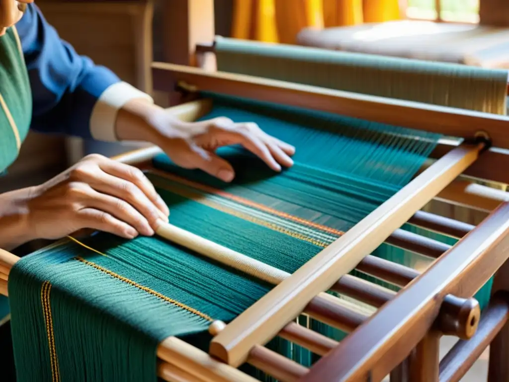 Manos expertas tejen con cuidado en un telar tradicional, reviviendo tradiciones en taller textil con colores vibrantes y texturas detalladas