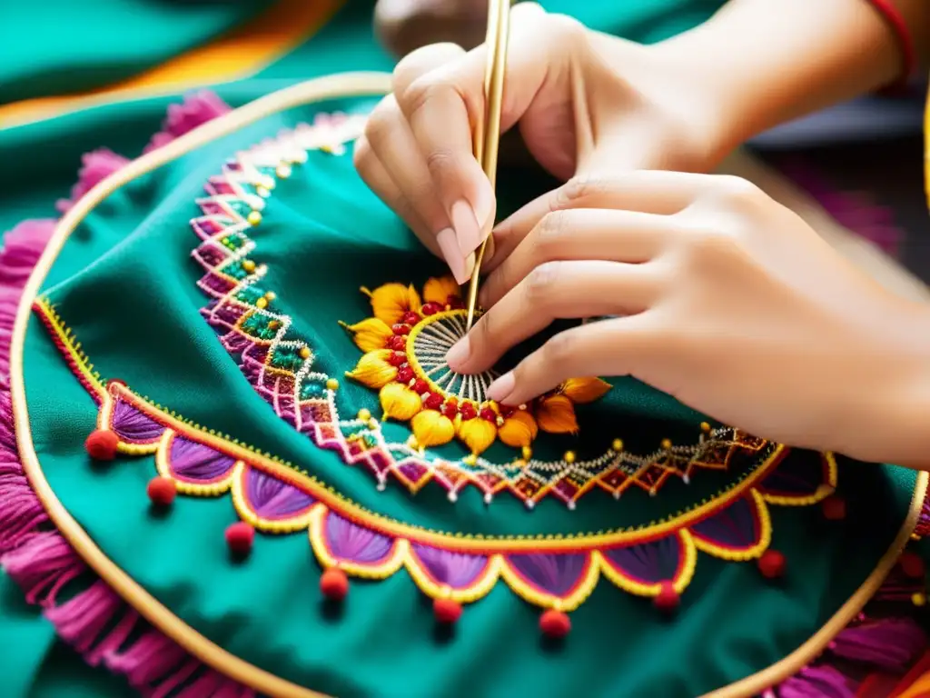 Bordado étnico: manos expertas crean arte Manos expertas bordando un diseño étnico en tela, resaltando la moda étnica para el día a día con artesanía y tradición