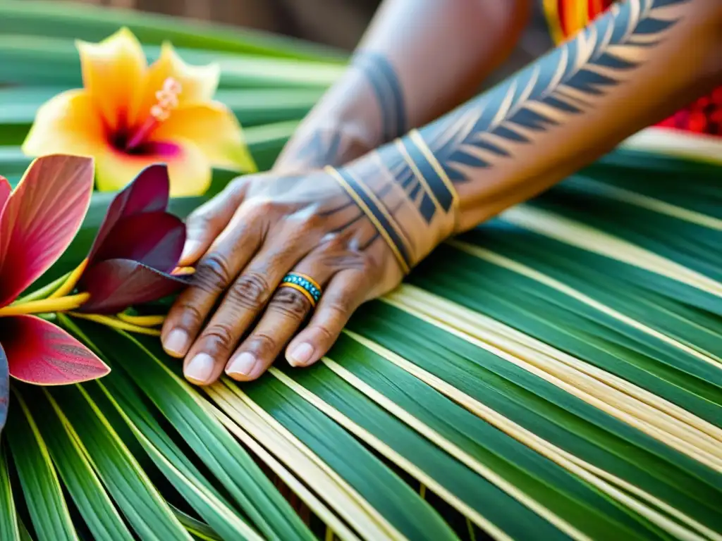 Manos expertas tejiendo fibras de pandano y hibisco, creando tejidos tradicionales de la Polinesia con colores vibrantes y patrones intrincados