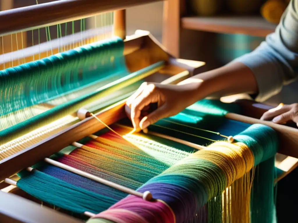 Manos expertas tejen hilos vibrantes en telar de madera, reviviendo tradiciones en taller textil