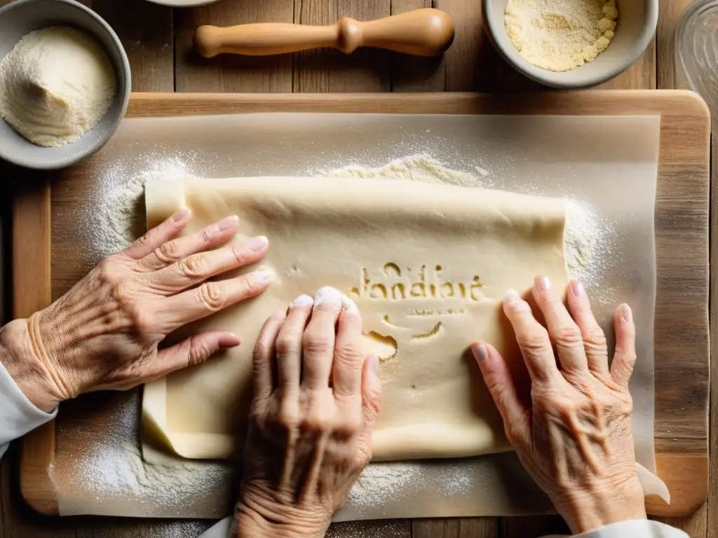 Manos expertas amasan masa en mesa de madera, con libro de recetas tradicionales cocina moderna abierto cercano