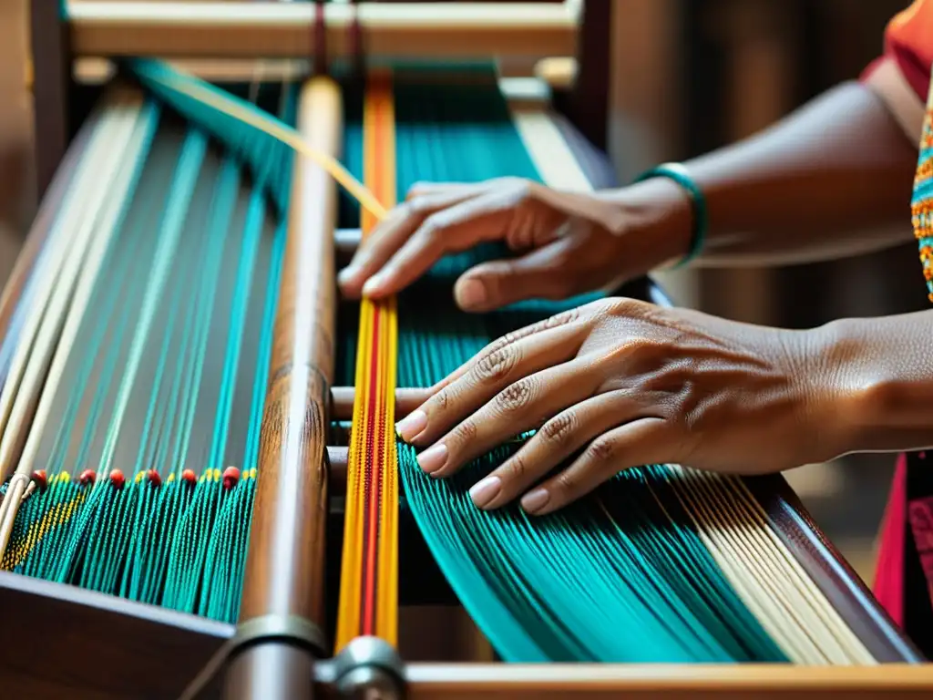 Manos expertas tejiendo patrones vibrantes en telar tradicional, reviviendo tradiciones en taller textil