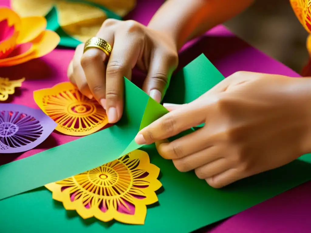 Manos expertas en un taller de papel picado artesanal, creando diseños intrincados con papel vibrante