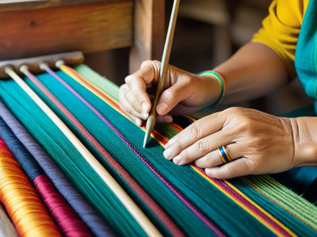 Manos expertas tejiendo tela colorida en un taller rústico, reflejando la influencia de la moda étnica en las tendencias actuales