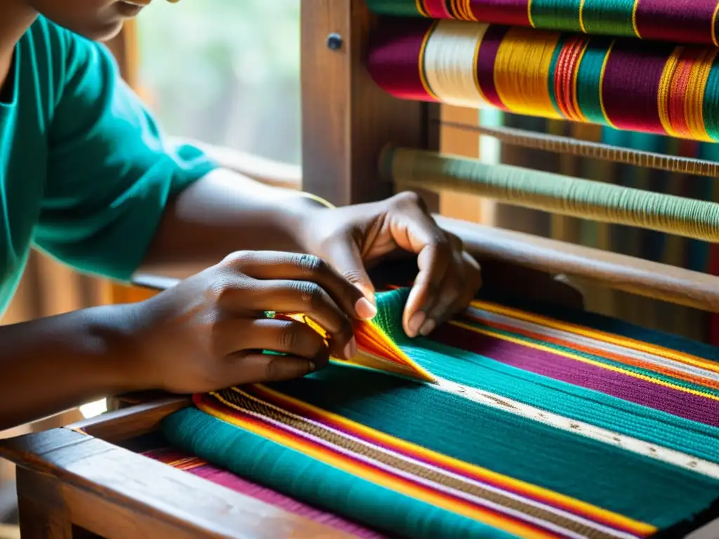 Manos expertas tejen textiles vibrantes con técnicas ancestrales en un taller tradicional, resaltando la moda étnica contemporánea