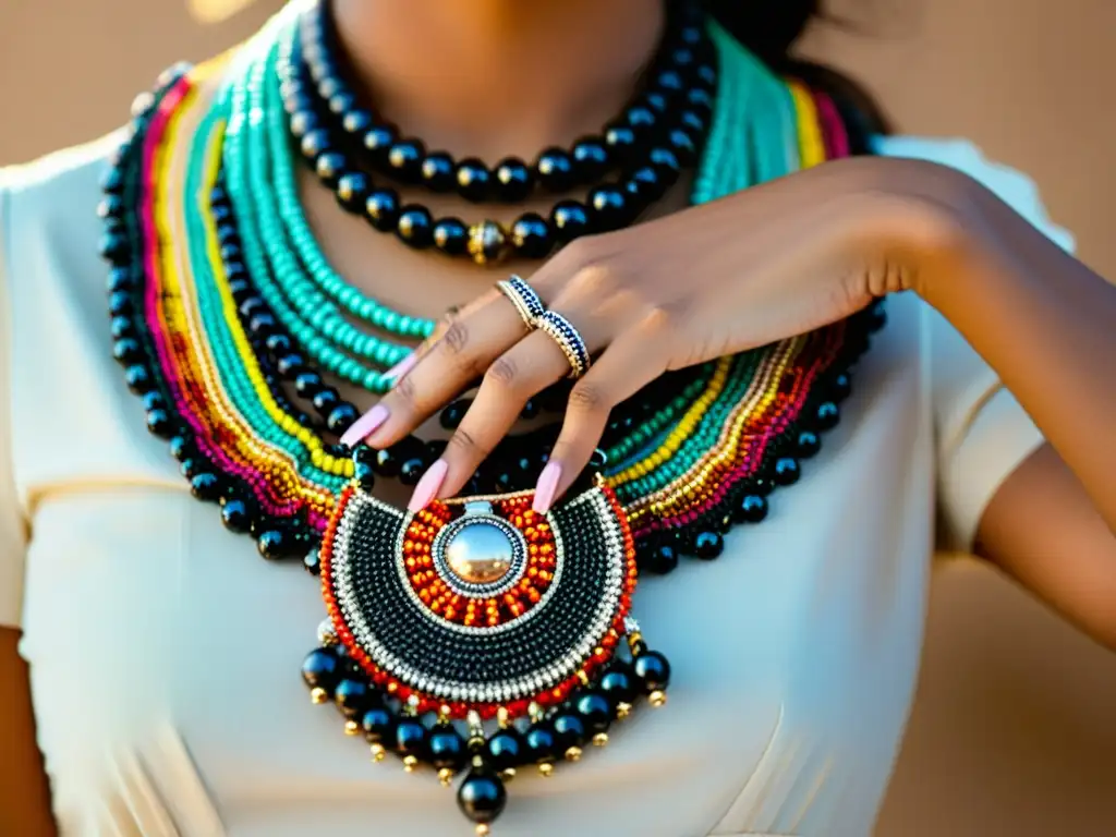 Manos femeninas sostienen un collar tribal vibrante y detallado, evocando tradición y transformación con accesorios étnicos para atuendo