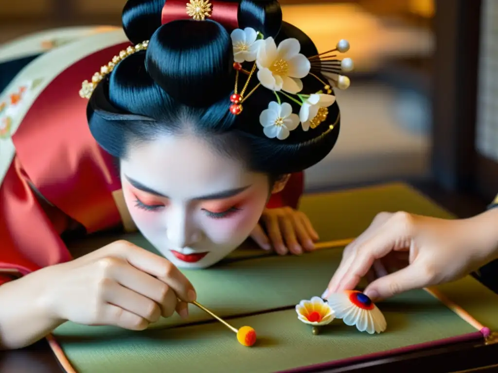 Las manos de una geisha arreglan una elaborada decoración floral en el cabello de otra, en un santuario de Kyoto