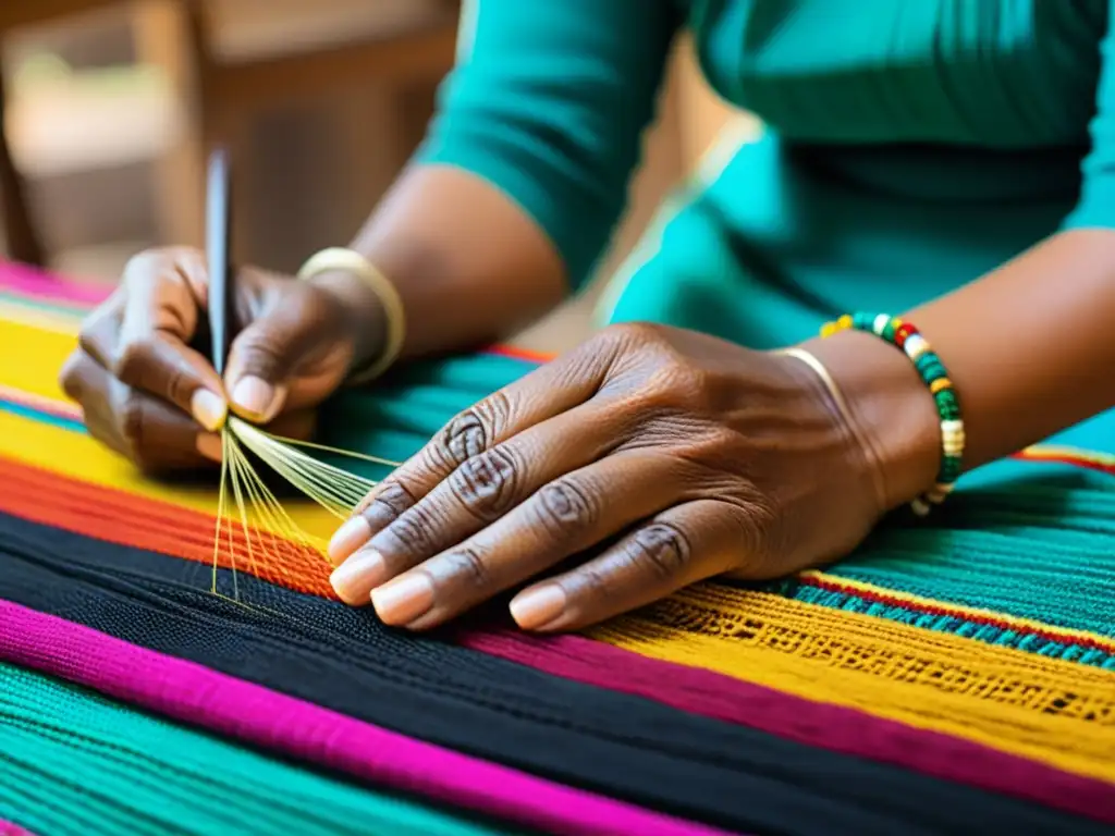 Las manos hábiles de un artesano tejiendo hilos vibrantes en un textil tradicional, destacando la rica herencia cultural del arte étnico ancestral