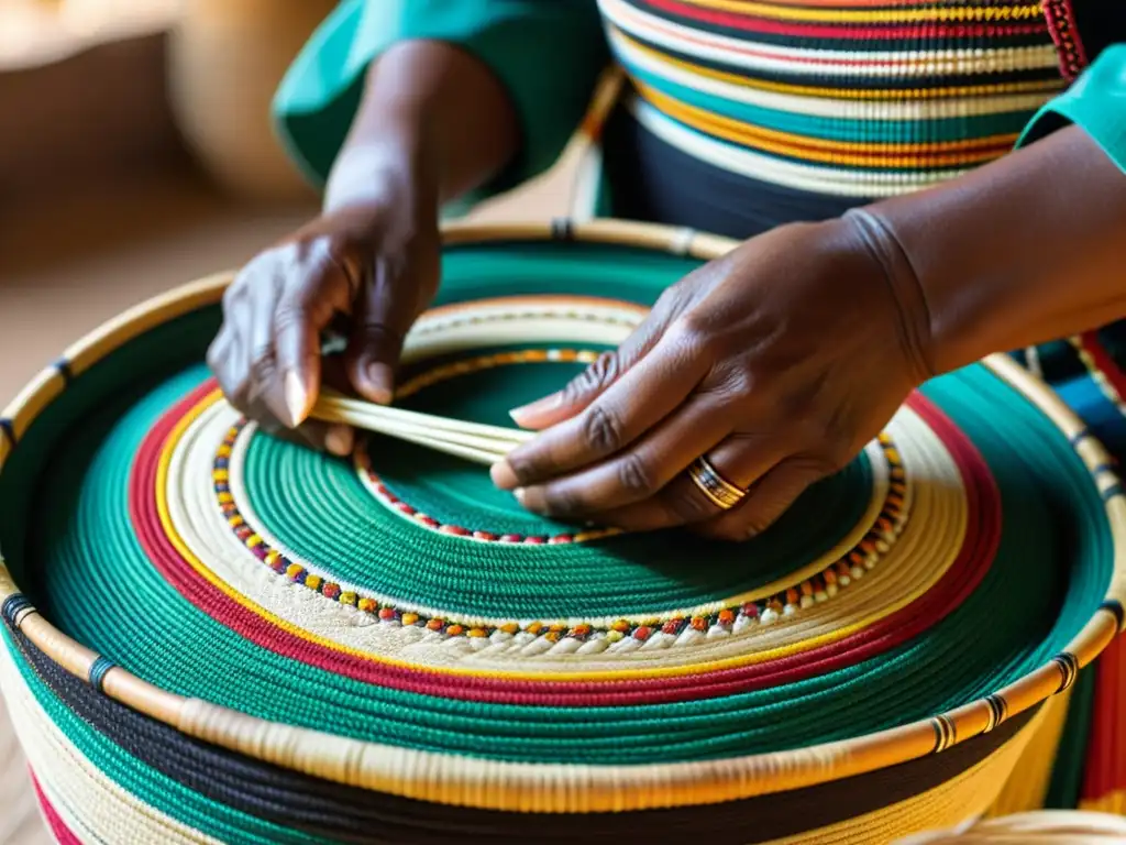 Manos hábiles de artesano indígena tejiendo cestería tradicional con fibras naturales, destacando patrones e historia cultural