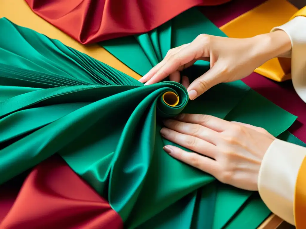 Las manos hábiles de un artesano pliegan con precisión la seda, creando un diseño kimono inspirado en el origami