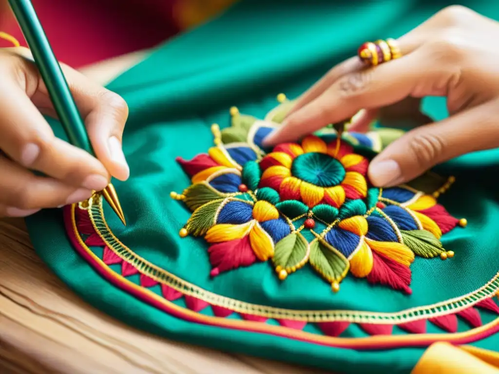 Manos hábiles bordando un diseño tradicional con la técnica antigua de bordado en danza, reflejando la artesanía y la belleza atemporal