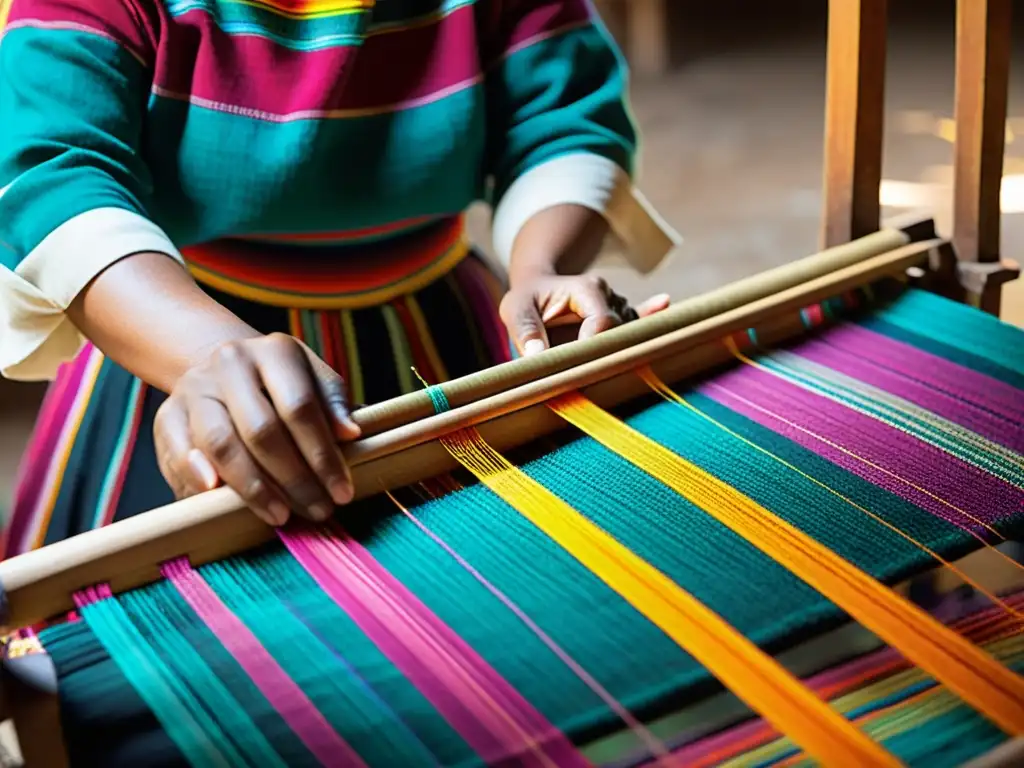 Manos hábiles tejiendo un telar tradicional guatemalteco con hilos vibrantes, iluminados por una cálida luz natural