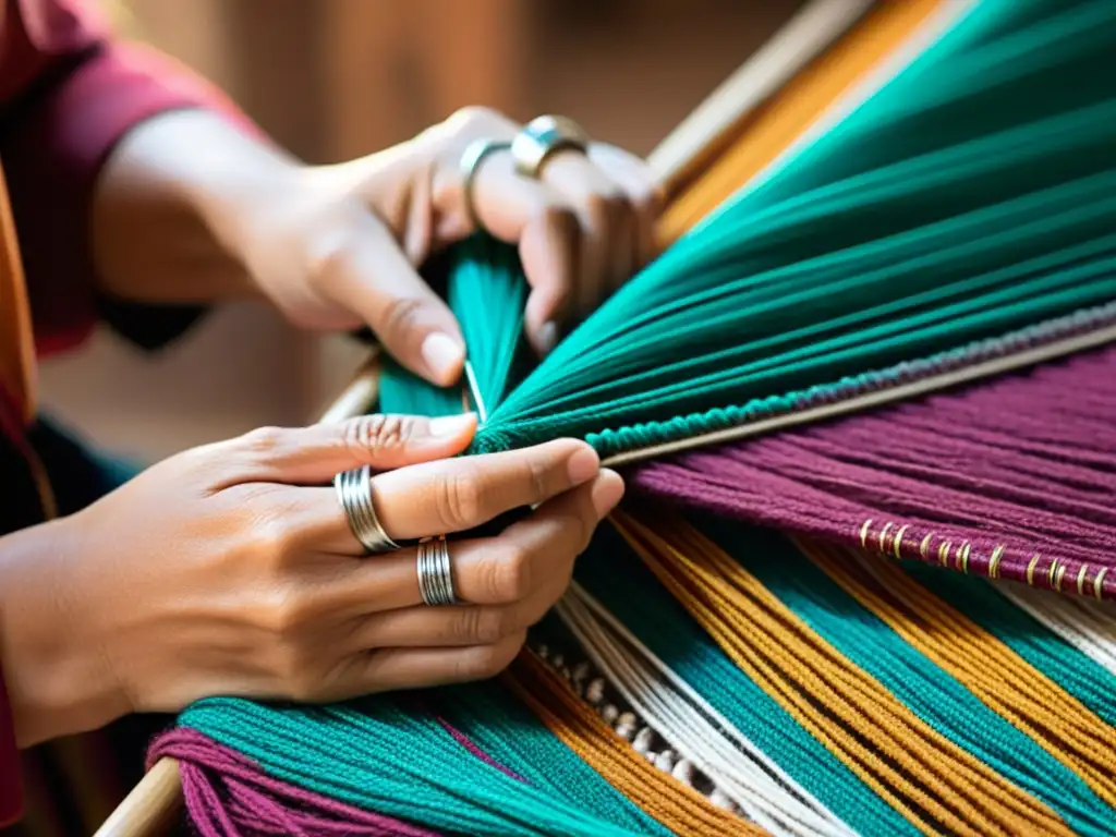 Manos hábiles tejiendo vibrante hilado para crear artesanías étnicas exquisitas galerías