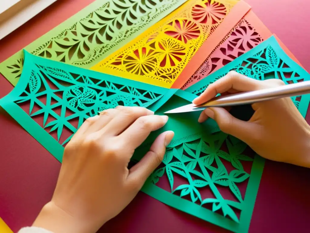 Manos habilidosas cortan papel picado en un taller artesanal, con luz natural y sombras dramáticas