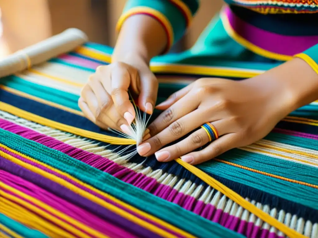 Tejido étnico: artesanía y tradición en moda Las manos de una mujer tejen con cuidado hilos de colores en un patrón textil tradicional, capturando la esencia de la moda étnica para el día a día