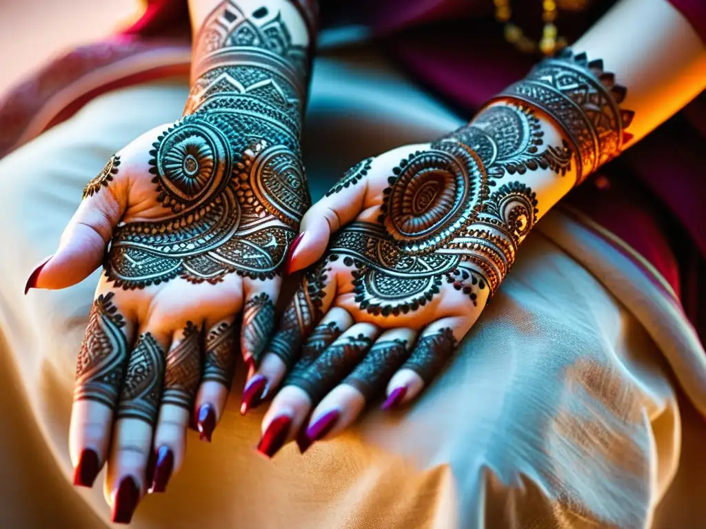 Las manos de una mujer lucen intrincados diseños de henna, reflejando la belleza de las costumbres islámicas de Libia con henna