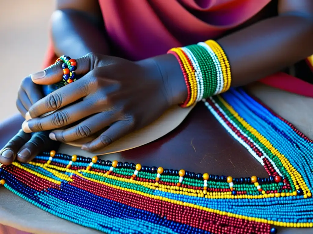 Las manos de una mujer Masai ensartando cuentas, mostrando el significado espiritual de las cuentas Masai