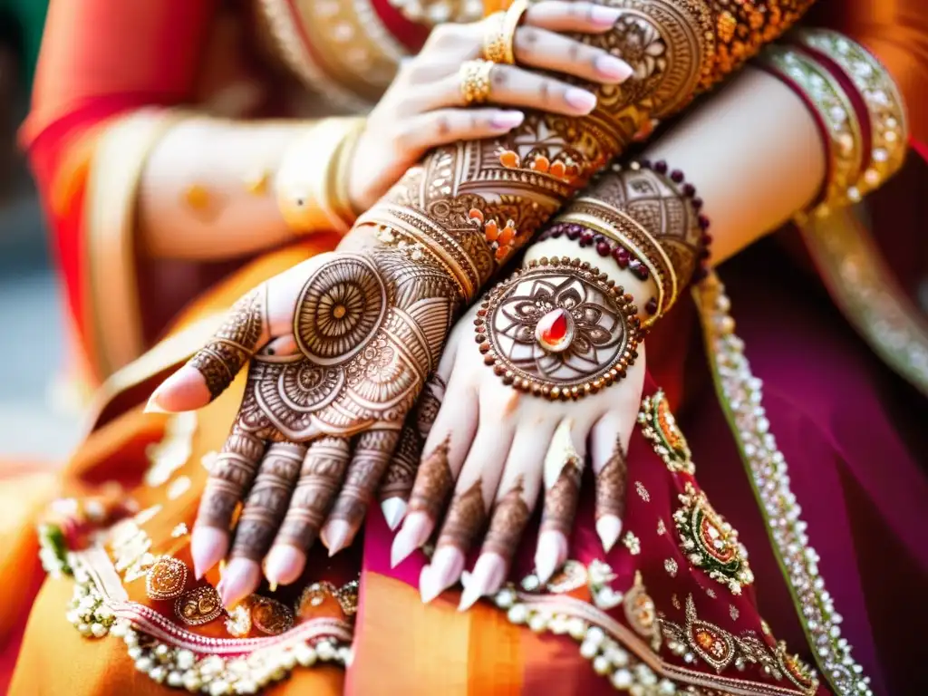 Las manos de la novia lucen diseños de henna, destacando su belleza en los rituales nupciales únicos de las bodas musulmanas