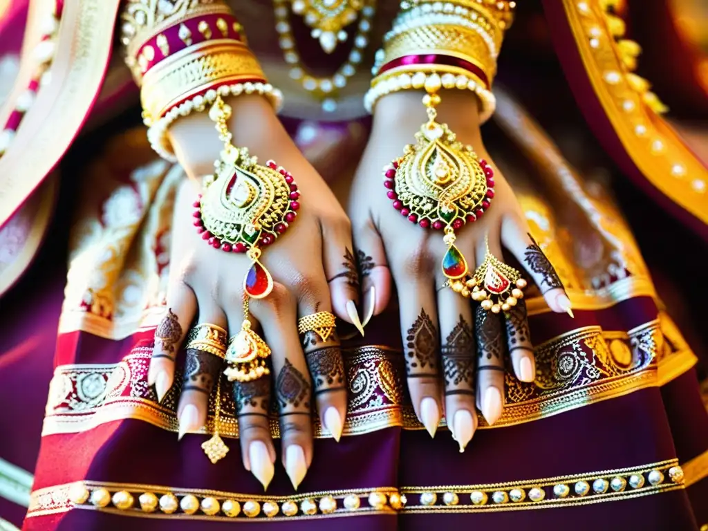 Las manos de una novia india con diseños de henna y joyería tradicional, reflejando el significado de la joyería tradicional India