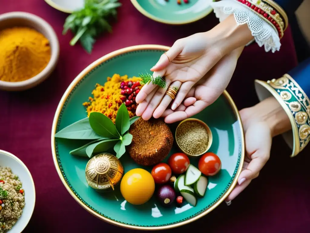 Manos de novios sosteniendo plato de bodas, con tradiciones alimenticias en ceremonias matrimoniales