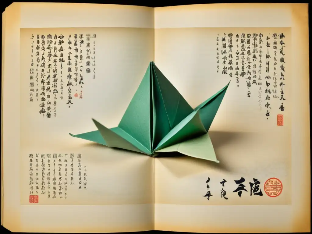 Manuscrito japonés antiguo con intrincados diseños de origami, resaltando la evolución del origami japonés a lo largo de los siglos