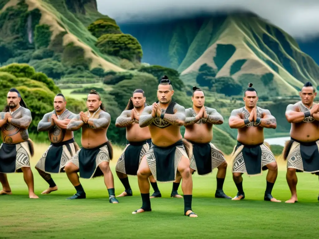 Maori guerreros realizando un haka en paisaje de Nueva Zelanda