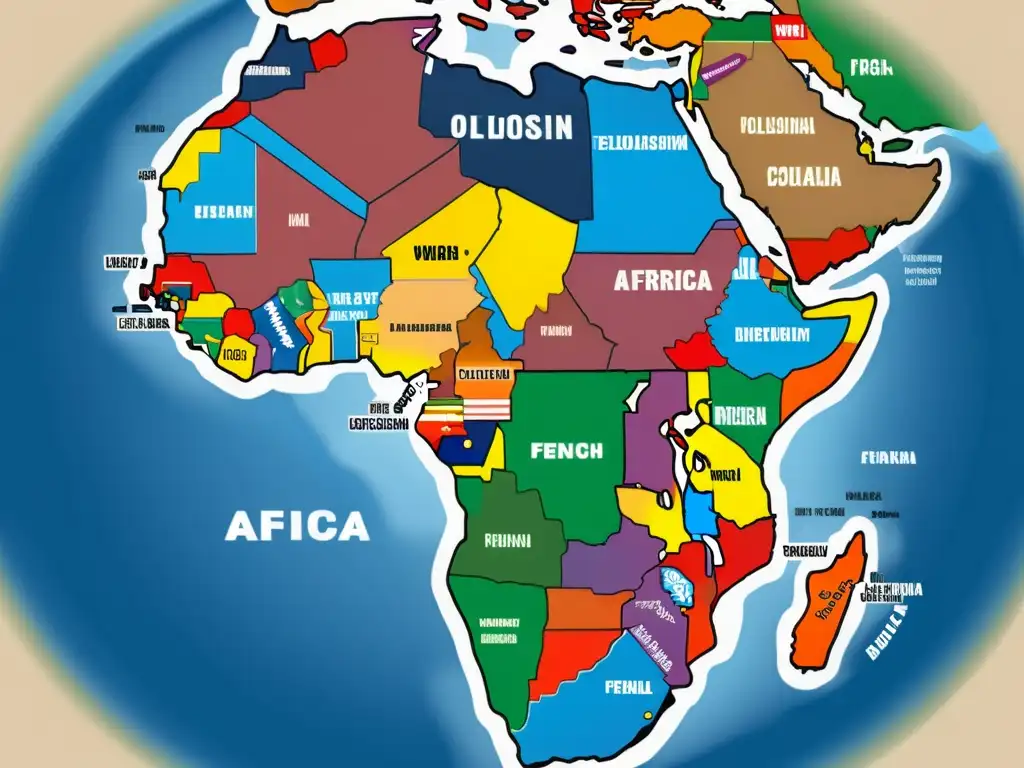 Mapa detallado de África mostrando la diversidad lingüística y el impacto del colonialismo francés en el paisaje lingüístico