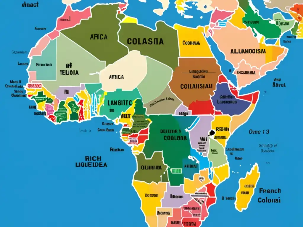 Mapa detallado de África con impacto del colonialismo francés en la diversidad lingüística