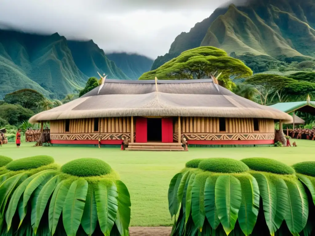 Una marae maorí rodeada de exuberante vegetación y montañas, con tallados y paneles tejidos