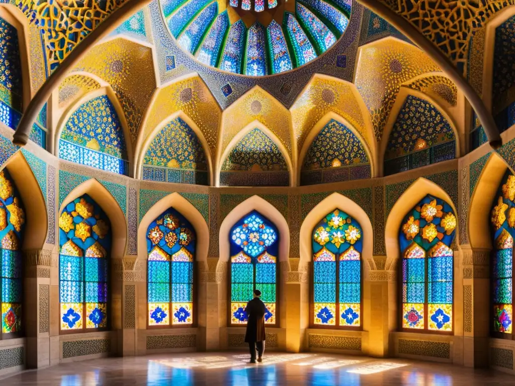 Maravillas del Mundo Islámico: alma de la arquitectura en la impresionante Mezquita Nasir alMulk en Shiraz, Irán, donde la luz solar crea un ambiente sereno y encantador con sus coloridos patrones geométricos y azulejos