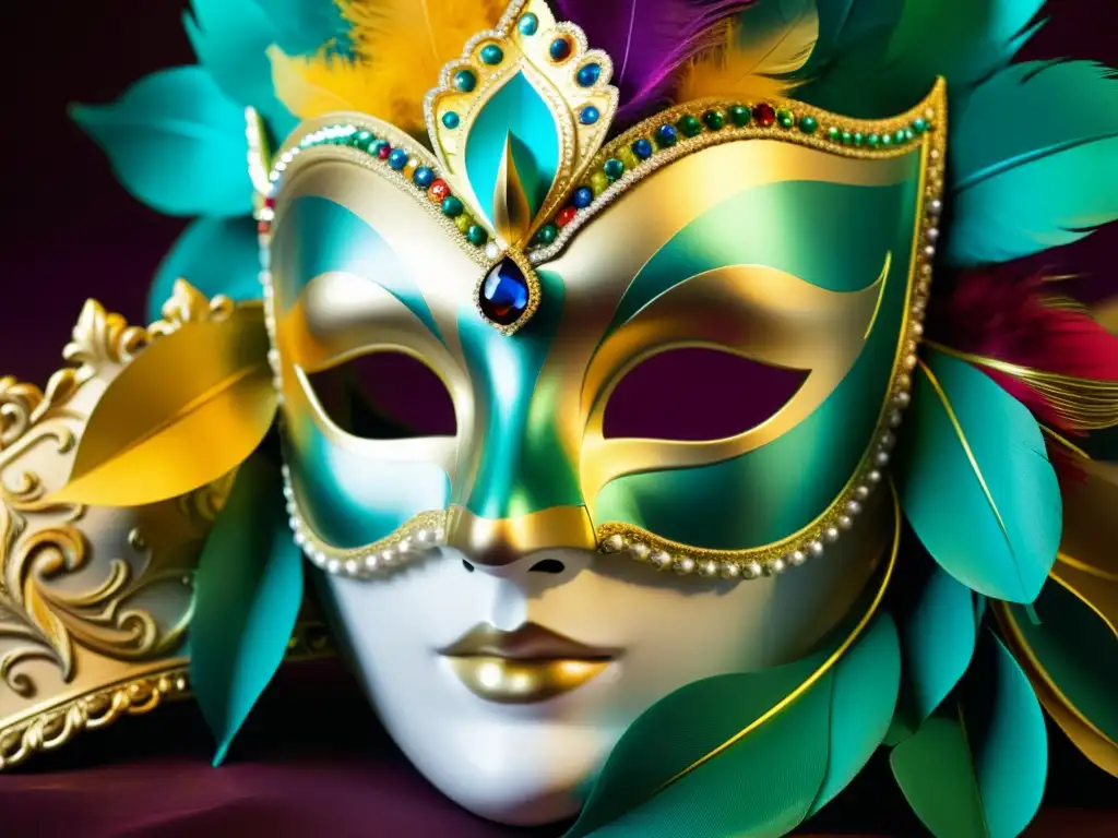 Una máscara de carnaval veneciano, con detalles intrincados y colores vibrantes, evocando tradición y misterio