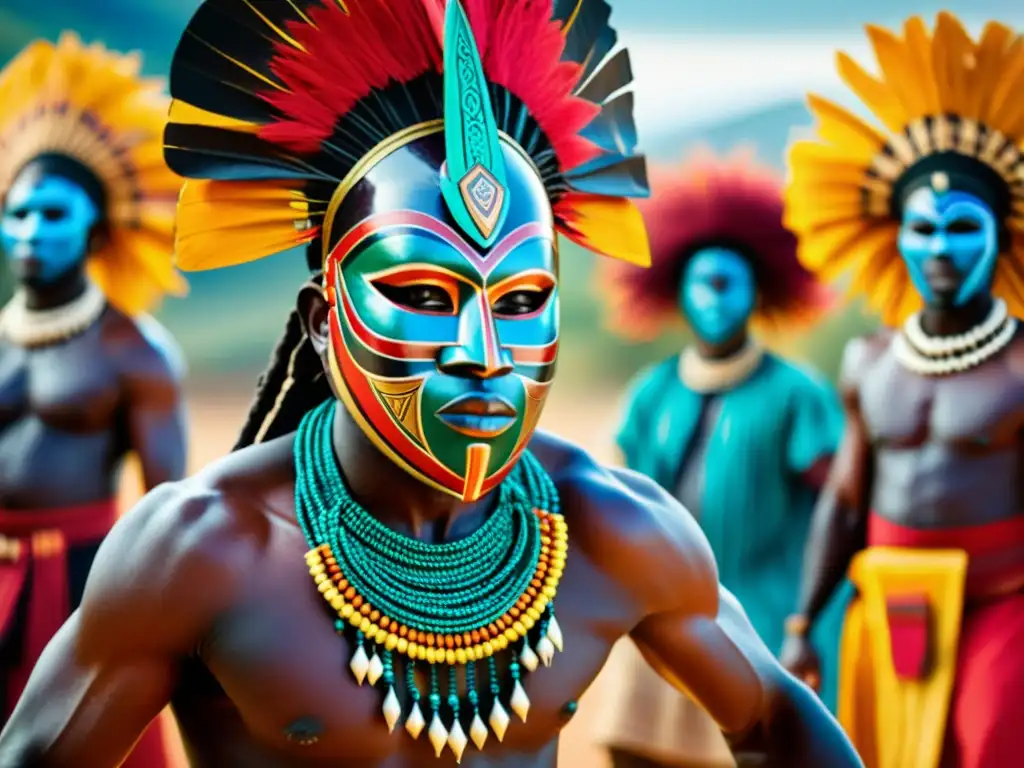 Una máscara ceremonial africana en danza tribal, con vibrantes colores y significado cultural