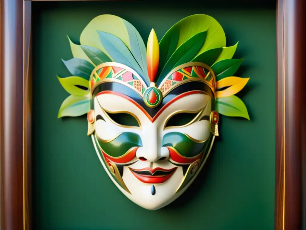 Máscara de madera deidad Kagura: detalle y color Una máscara de madera detallada representa a una deidad elegante y feroz, enmarcada por exuberante follaje verde