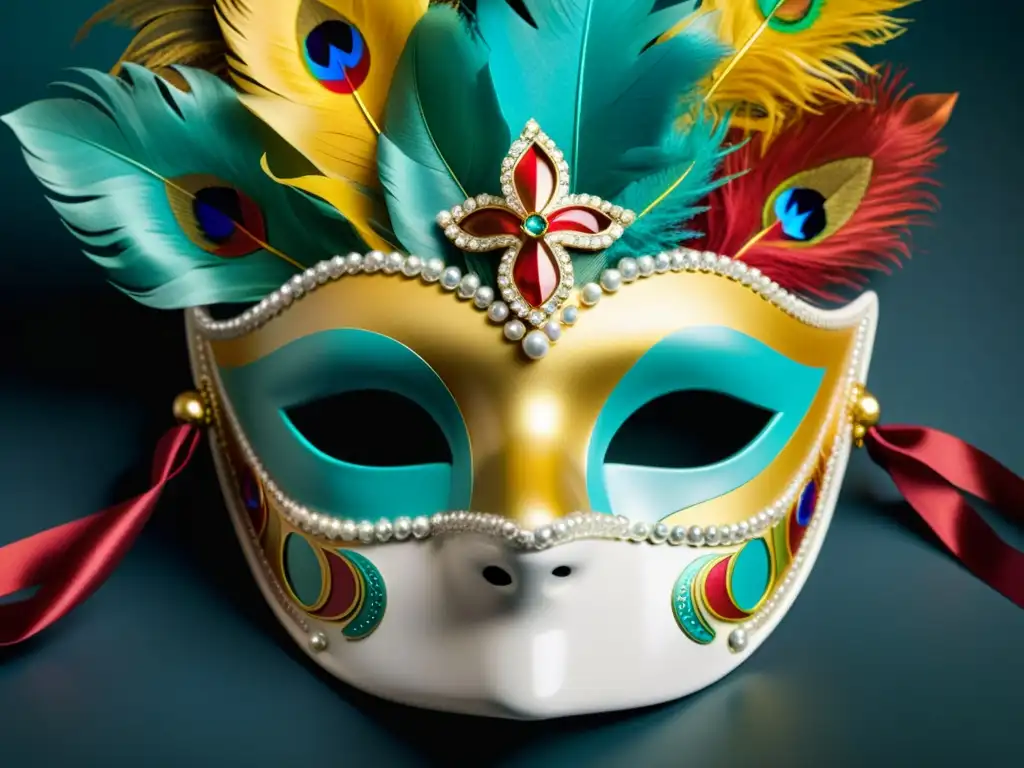 Una máscara veneciana de carnaval detallada, con colores vibrantes, plumas y joyas, capturando la esencia del Carnaval de Venecia máscaras tradición