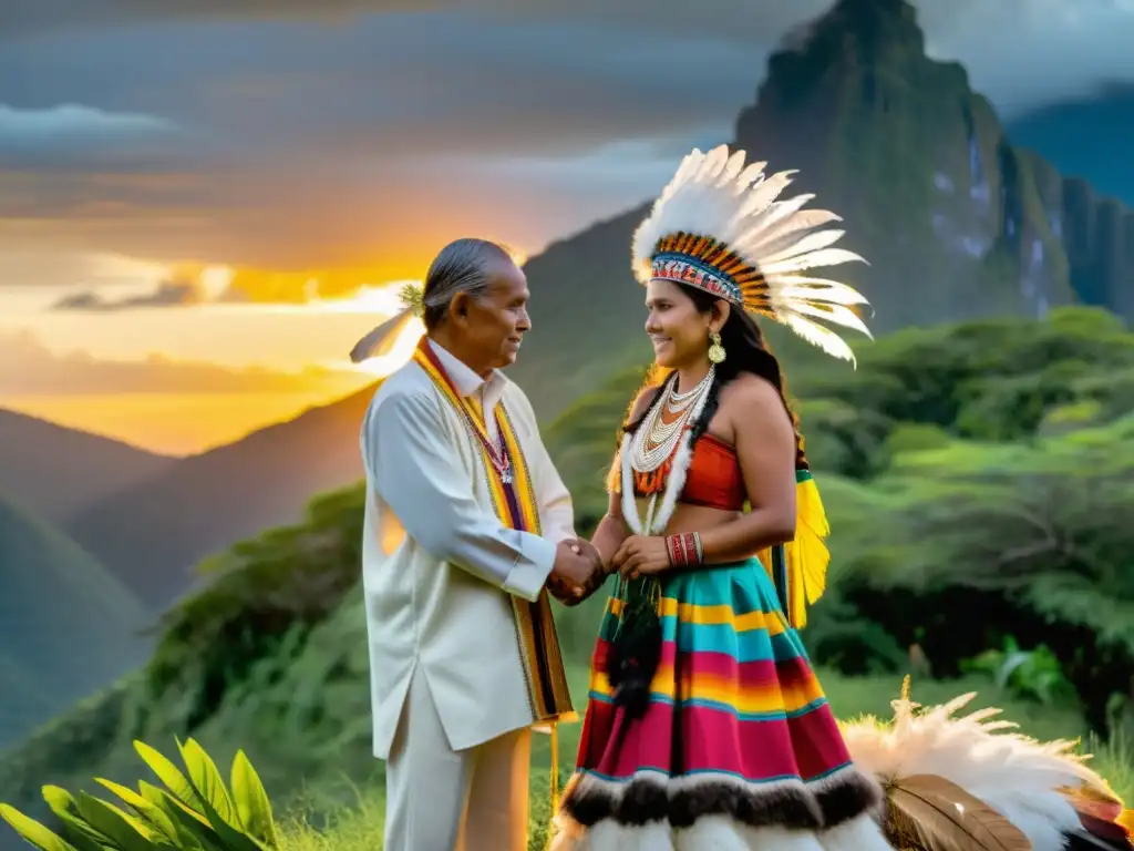 Matrimonio indígena en América Latina: ceremonia sagrada con novios, atuendos coloridos y naturaleza exuberante al atardecer