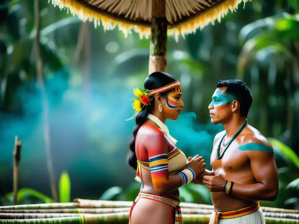 Matrimonio indígena en América Latina: Ceremonia nupcial tradicional en el corazón de la selva amazónica, con vestimenta colorida y pintura corporal