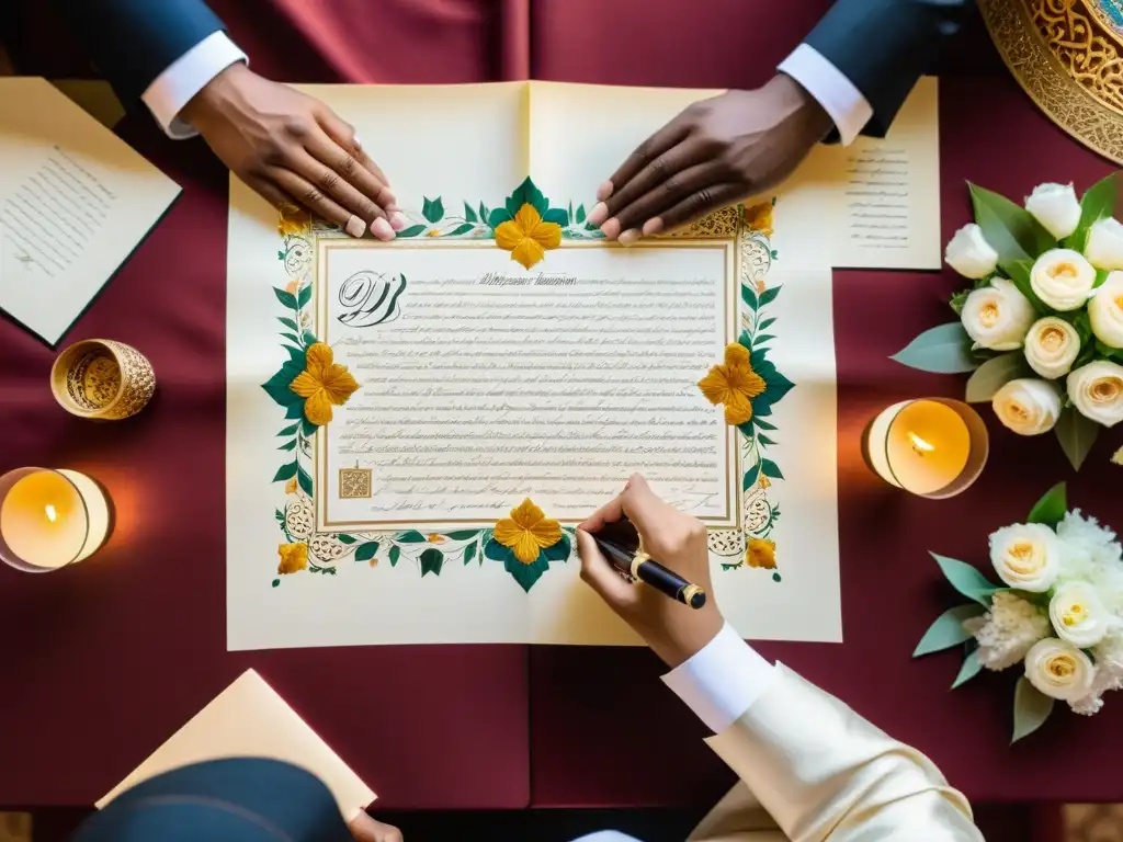 Contrato de matrimonio islámico: solemnidad y tradición Matrimonio en el Islam: pareja firma contrato con caligrafía y diseños simbólicos, rodeados de familia y testigos