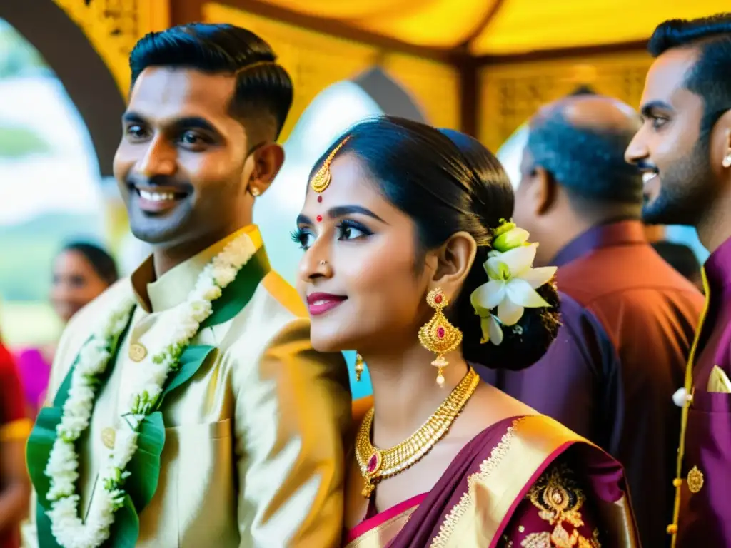 Un matrimonio tradicional en Sri Lanka con vibrantes decoraciones florales y atuendos tradicionales