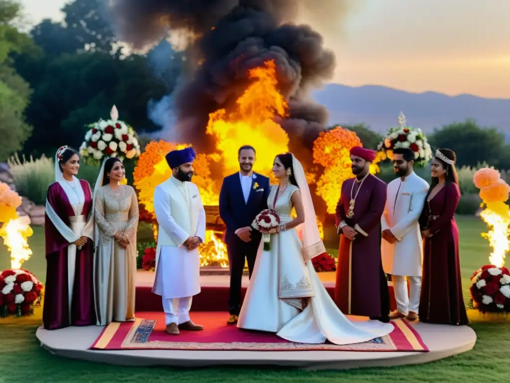 Matrimonio zoroastriano al atardecer, con la pareja ante un gran altar de fuego