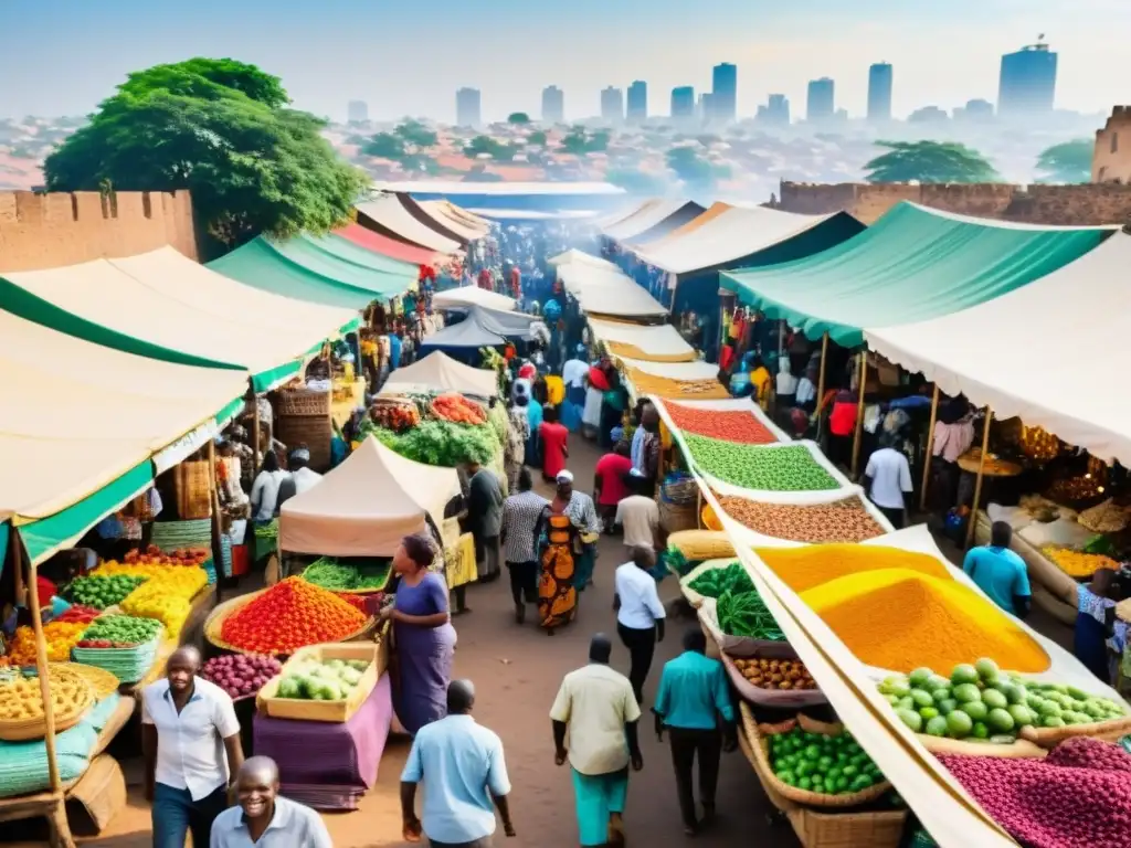 Un mercado africano bullicioso con gente hablando en lenguas y dialectos africanos francófonos, puestos de comida y artesanías coloridas