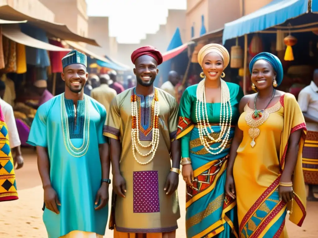 Un mercado africano bullicioso, lleno de textiles y productos artesanales