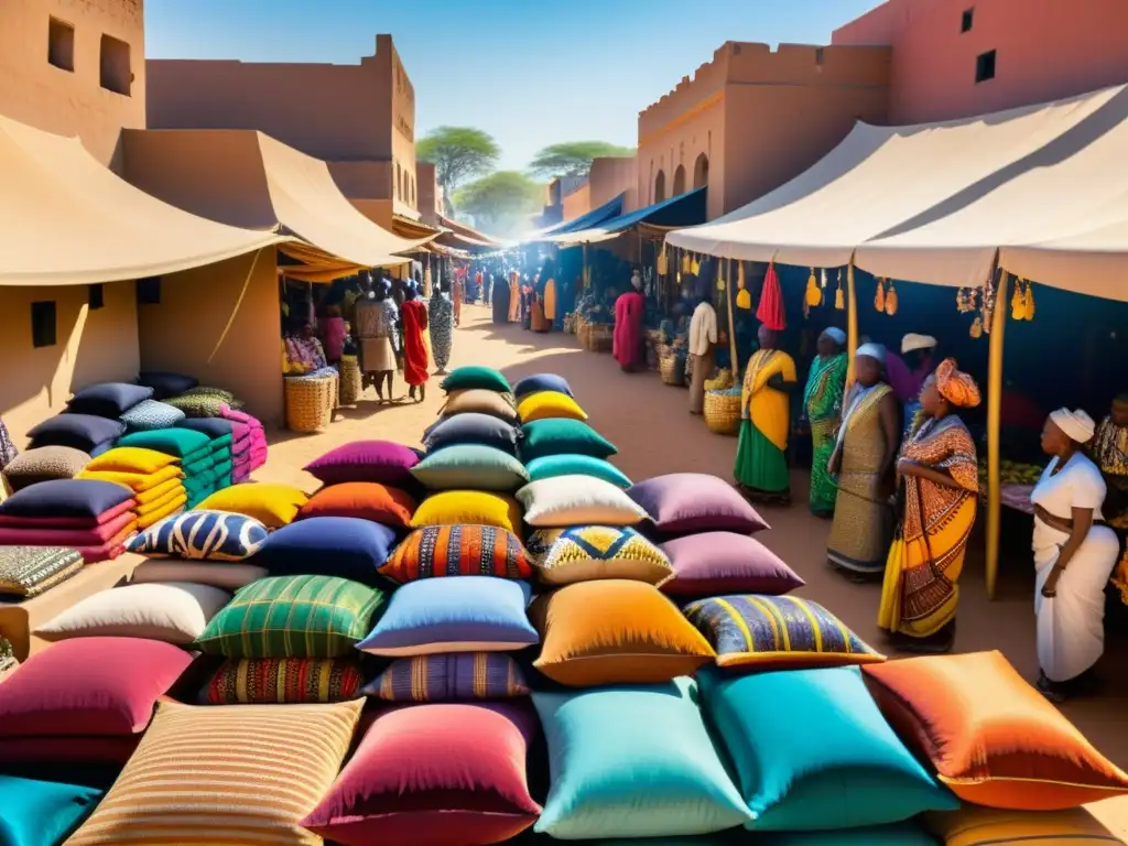 Un mercado africano tradicional rebosante de vida y color, con vendedores exhibiendo sus productos y la rica importancia cultural del boubou africano