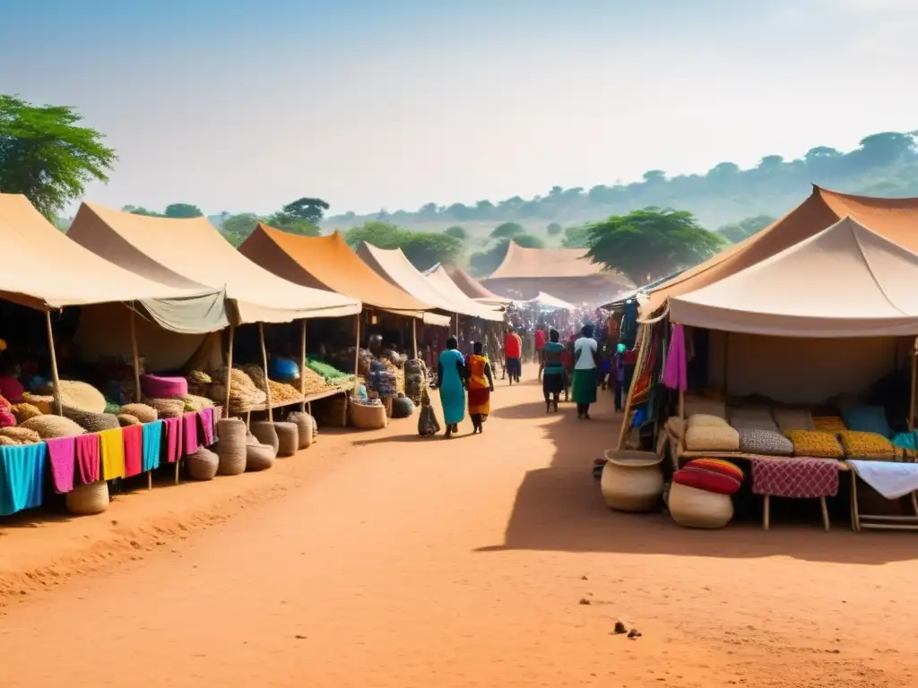 Mercado africano vibrante con colores, lenguas nativas y efectos de francización, reflejando la rica diversidad cultural