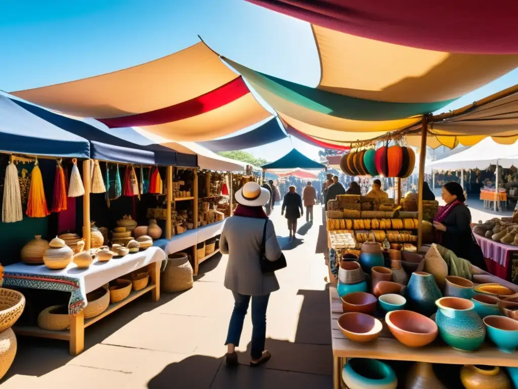 Un mercado al aire libre bullicioso con arte popular global, lleno de coloridas artesanías y esculturas, bajo toldos de tela