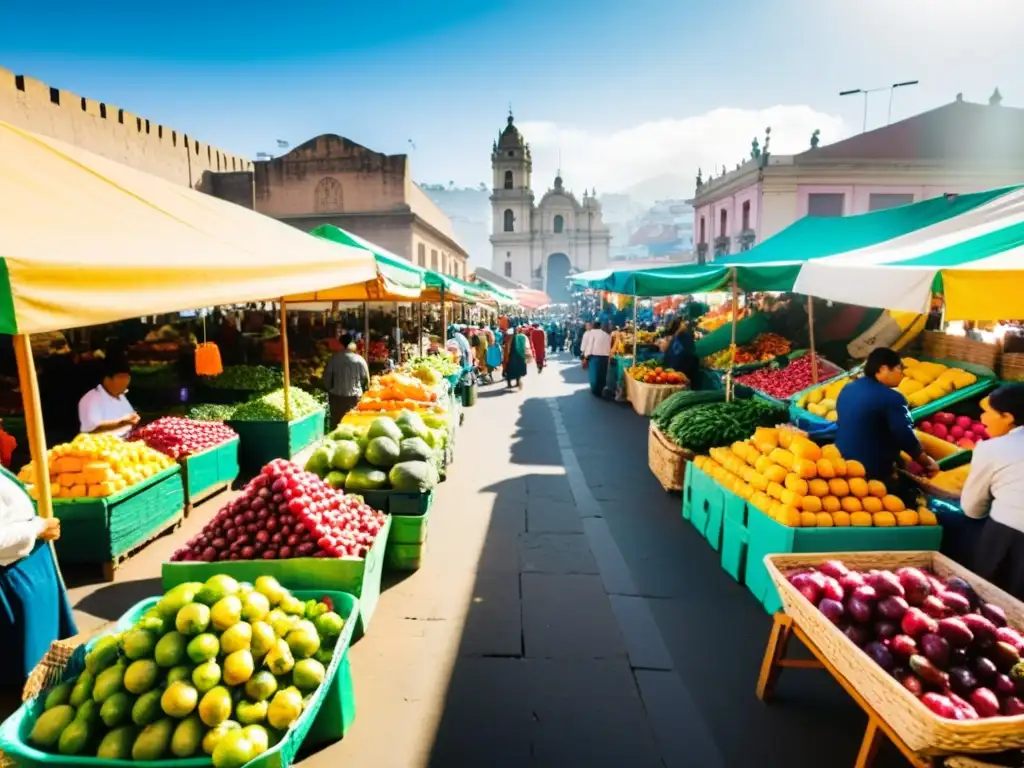 Un mercado al aire libre en Lima, Perú, rebosante de frutas, verduras y delicias locales de colores vivos