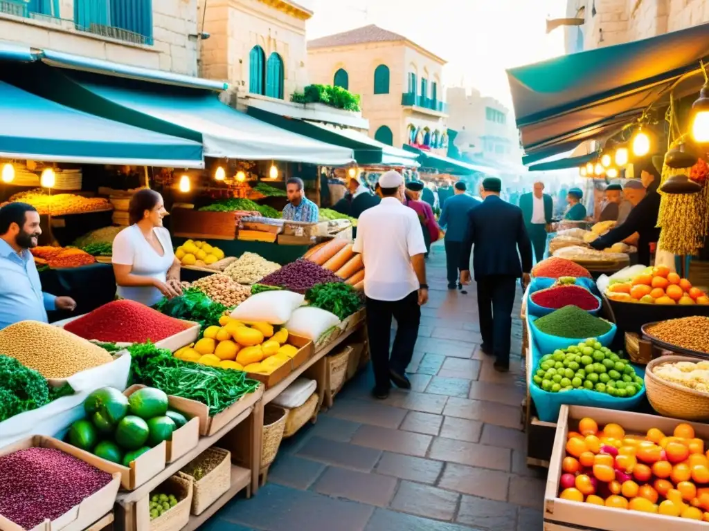 Un mercado al aire libre en Israel, rebosante de coloridos puestos que venden productos frescos, especias aromáticas y alimentos tradicionales judíos