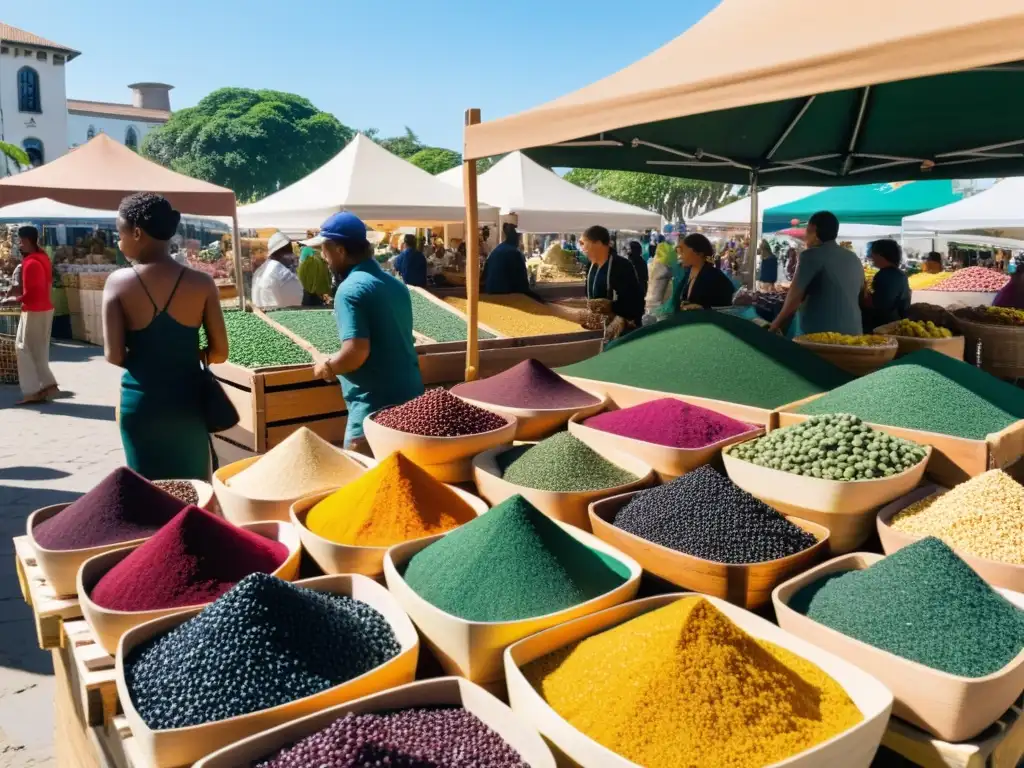 Mercado al aire libre con vibrantes superalimentos en cestas de mimbre y cajas de madera