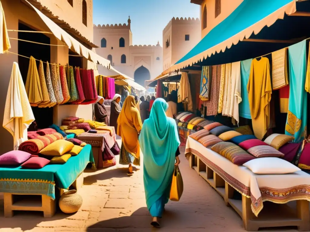 Mercado animado en una ciudad del norte de África, con tejidos vibrantes y coloridos